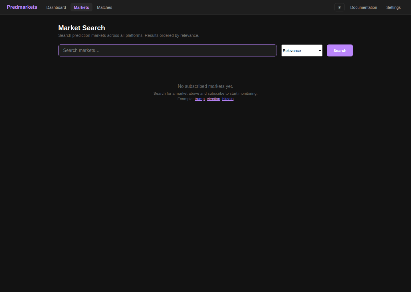 Arbomen markets page with search and subscription controls